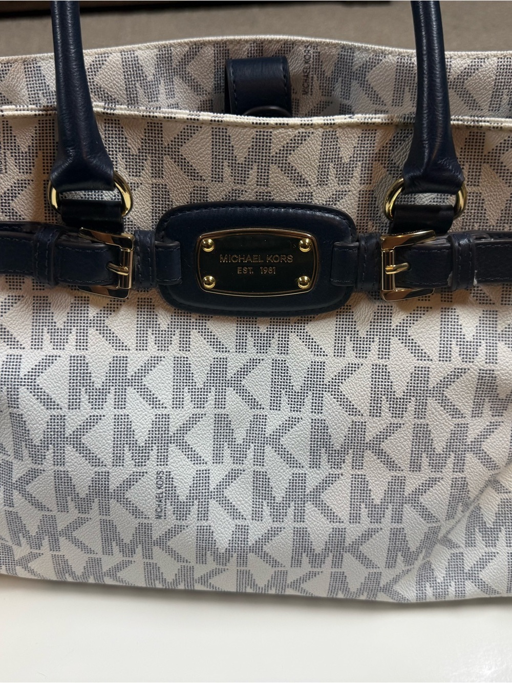 Michael Kors Navy Leather-Trim Signature Logo Tote